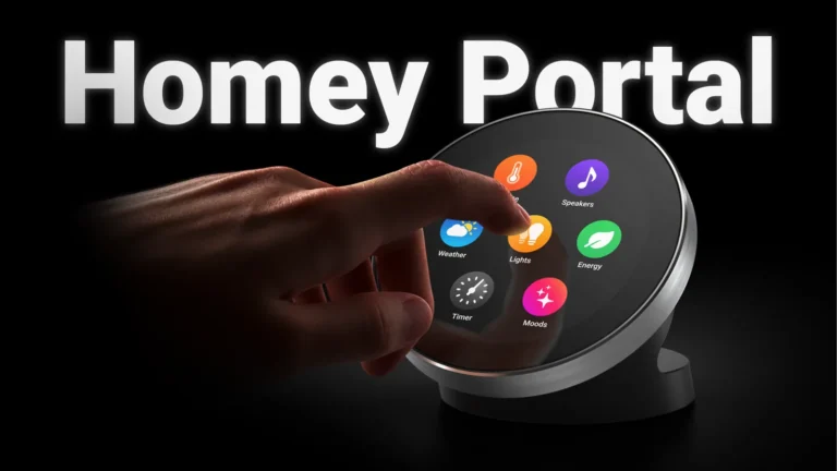 Homey Portal: rond touchscreen met snelkoppelingen voor verlichting, speakers, weer, energie, timer en moods, bediend met een vinger